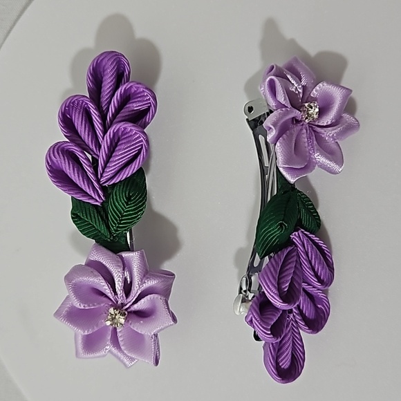 Hand Crafted Purple Barrette Hair Clip Floral Ribbon flowers purple 2- Piece set - Picture 4 of 16